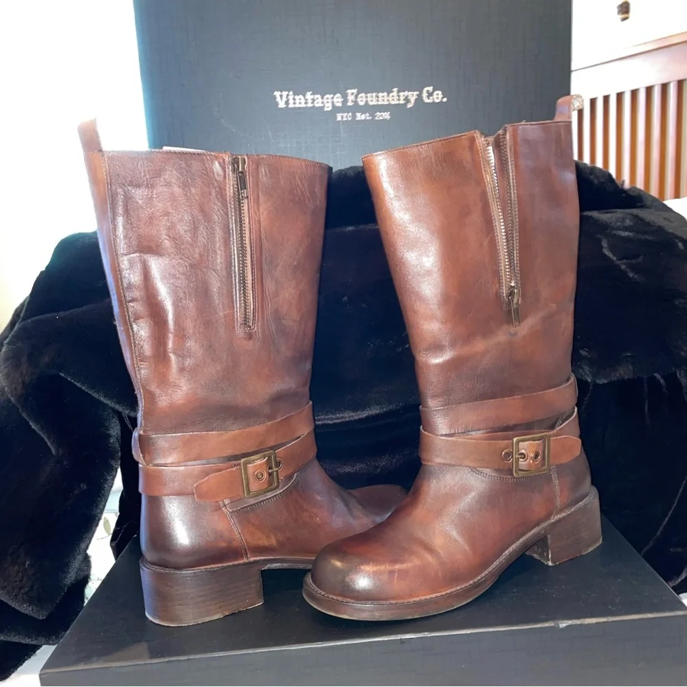 9  Vintage Foundry Co. Cognac Brown Leather Mid-calf Boots  *Philippa* - Picture 3 of 15